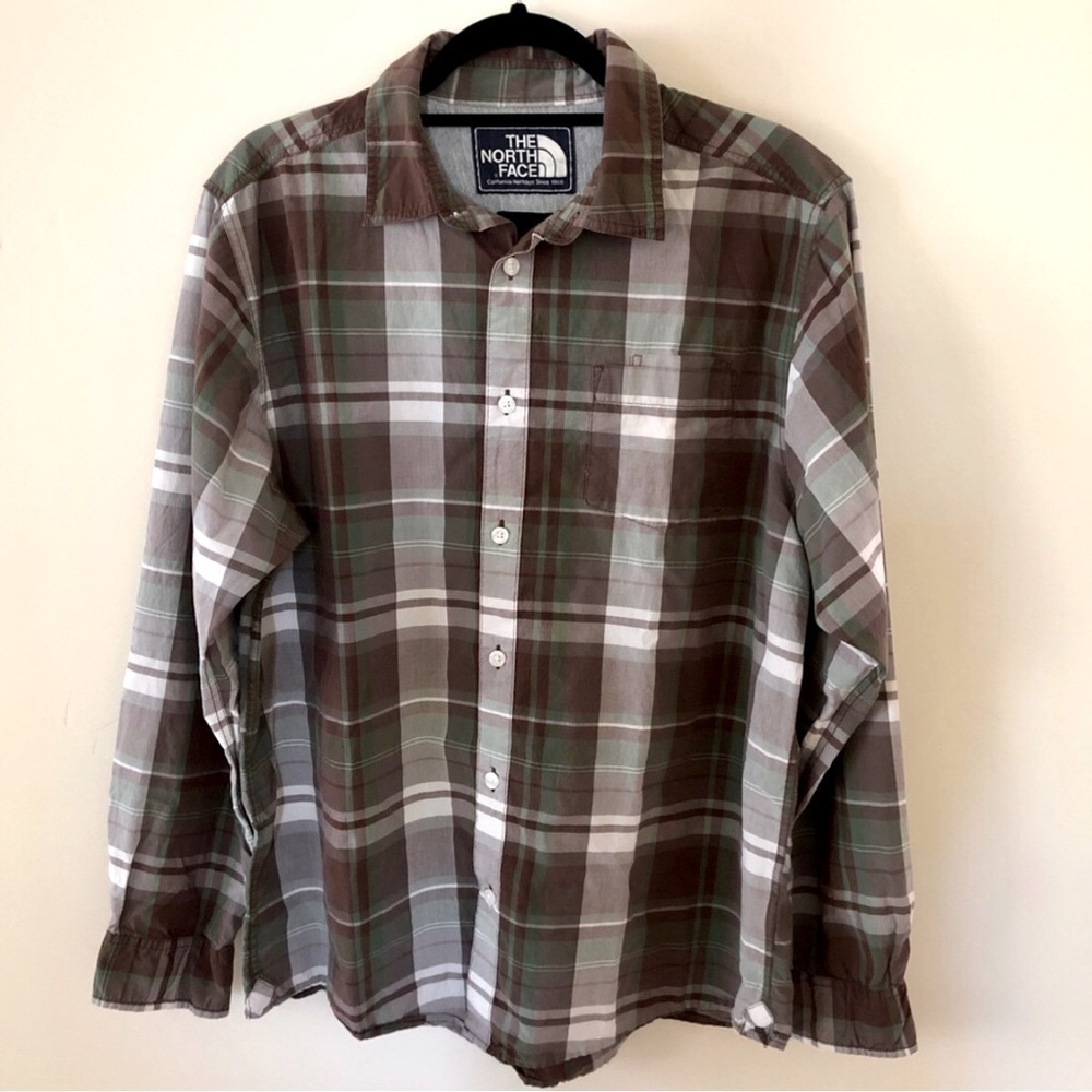 The North Face. Button Down Long Sleeve Shirt. Brown and Green Plaid. Large
